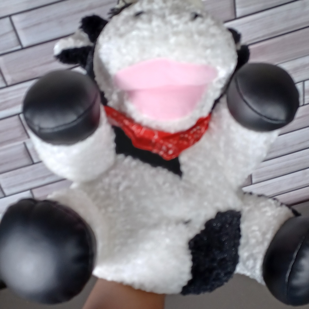 -Snuggie Toy Cow Barn hand puppet moppet  theatrical Soft Plush Doll red scarf - Picture 8 of 10